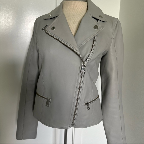 Karl Lagerfeld Jackets & Blazers - Karl Lagerfeld Soft Lambskin Leather Moto Jacket Light Grey Womens Size  42 / M